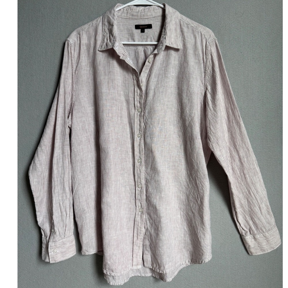 Quince Button Down Shirt Womens L Brown Striped Linen Long Sleeve Casual Top